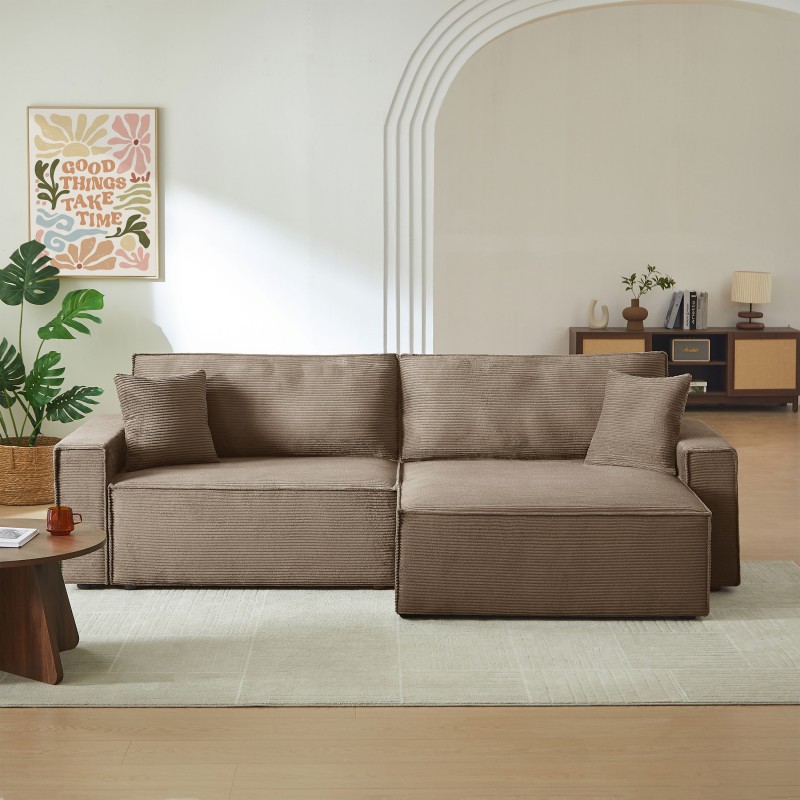 Canapé d'angle ZOLA convertible et réversible chaise large velours côtelé taupe 4 places