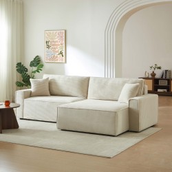 Canapé d'angle ZOLA convertible et réversible chaise large velours côtelé beige 4 places