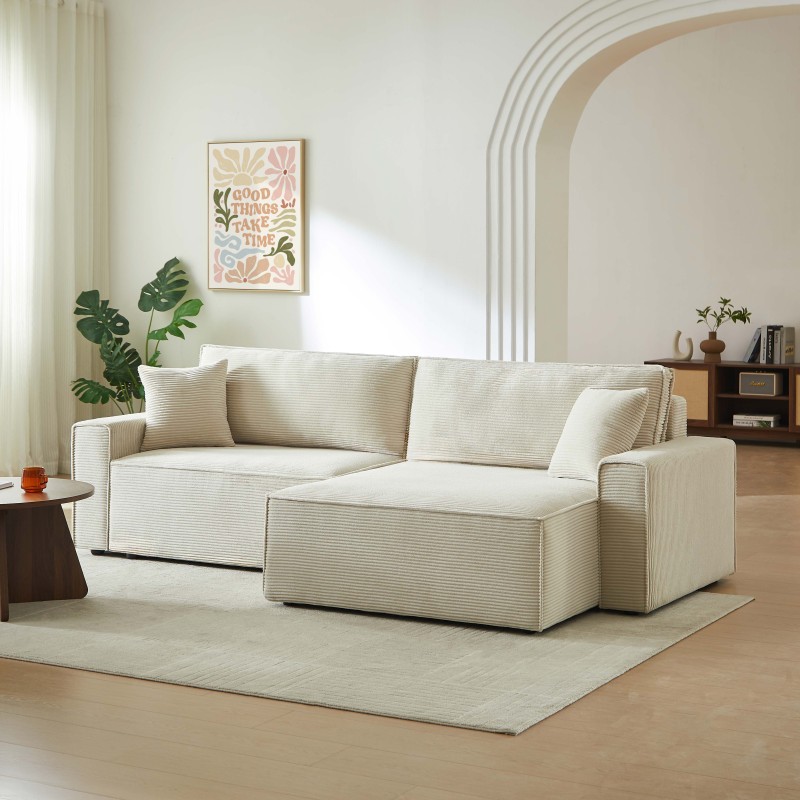 Canapé d'angle ZOLA convertible et réversible chaise large velours côtelé beige 4 places