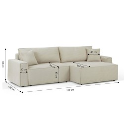 Canapé d'angle ZOLA convertible et réversible chaise large velours côtelé beige 4 places