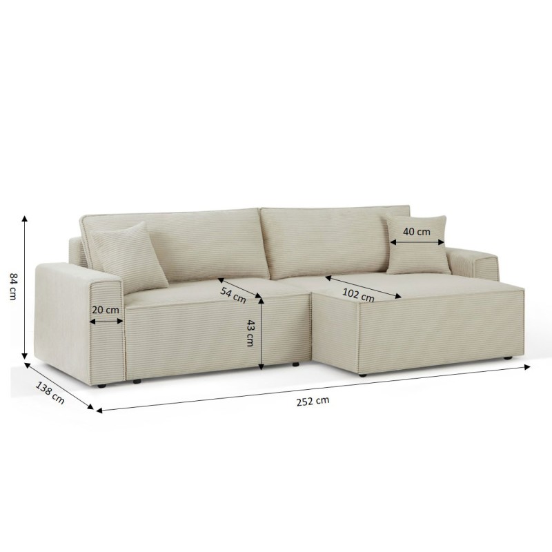 Canapé d'angle ZOLA convertible et réversible chaise large velours côtelé beige 4 places