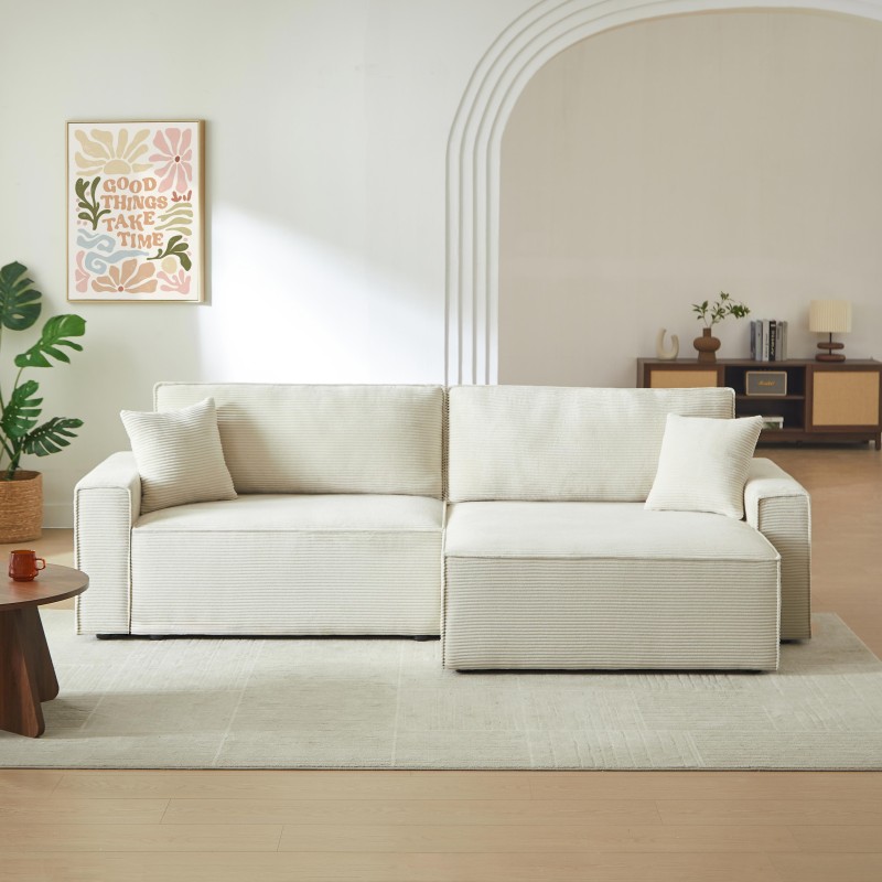 Canapé d'angle ZOLA convertible et réversible chaise large velours côtelé beige 4 places