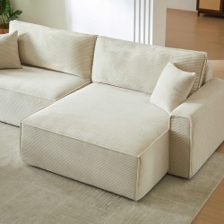 Canapé d'angle ZOLA convertible et réversible chaise large velours côtelé beige 4 places