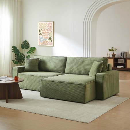 Canapé d'angle ZOLA convertible et réversible chaise large velours côtelé vert 4 places