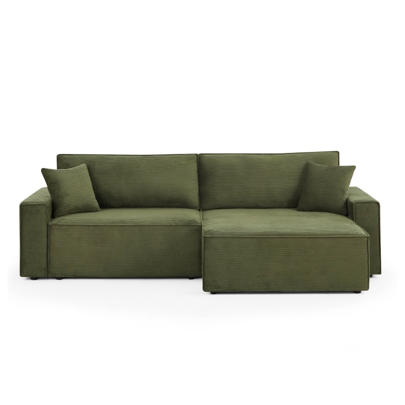 Canapé d'angle ZOLA convertible et réversible chaise large velours côtelé vert 4 places