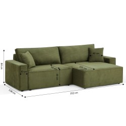 Canapé d'angle ZOLA convertible et réversible chaise large velours côtelé vert 4 places