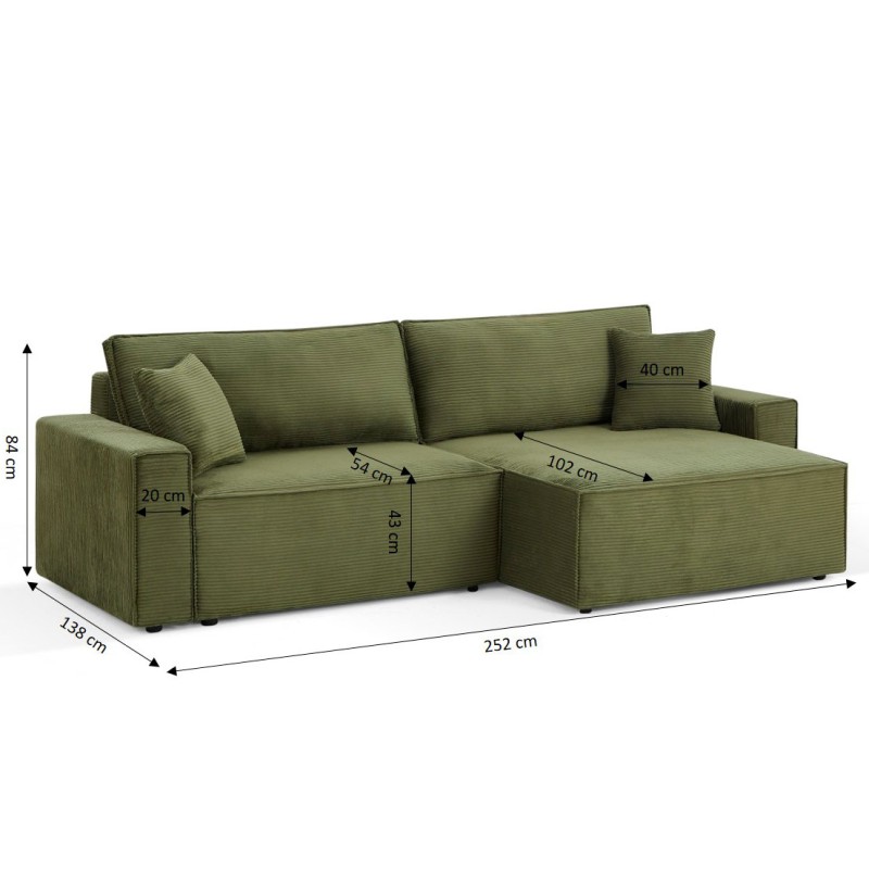 Canapé d'angle ZOLA convertible et réversible chaise large velours côtelé vert 4 places