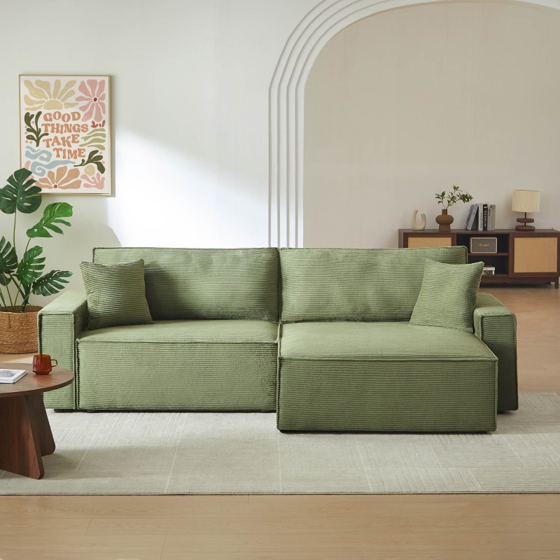 Canapé d'angle ZOLA convertible et réversible chaise large velours côtelé vert 4 places
