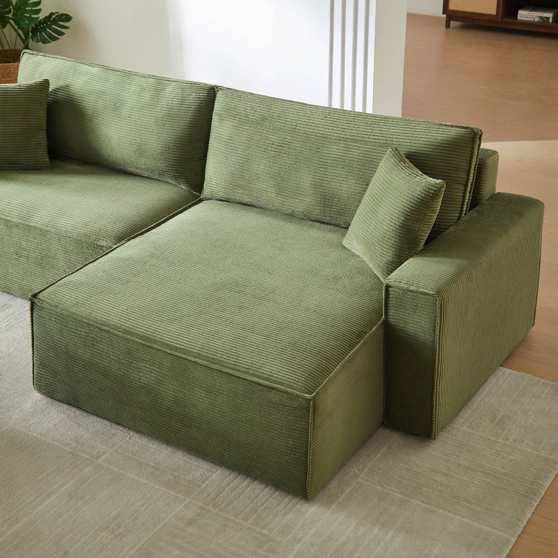 Canapé d'angle ZOLA convertible et réversible chaise large velours côtelé vert 4 places