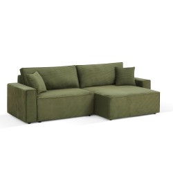 Canapé d'angle ZOLA convertible et réversible chaise large velours côtelé vert 4 places