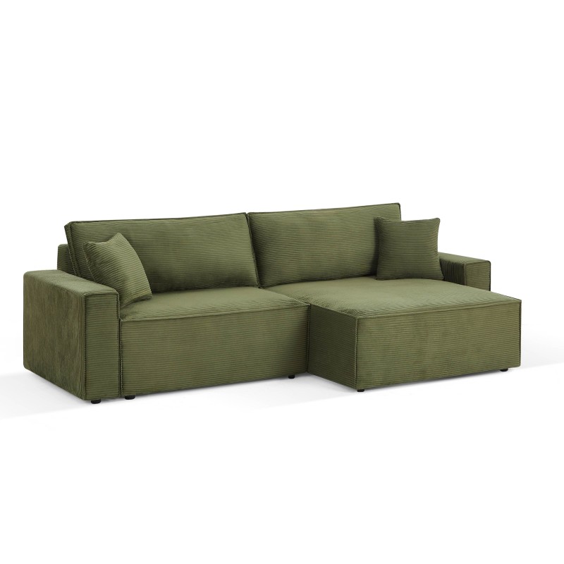 Canapé d'angle ZOLA convertible et réversible chaise large velours côtelé vert 4 places