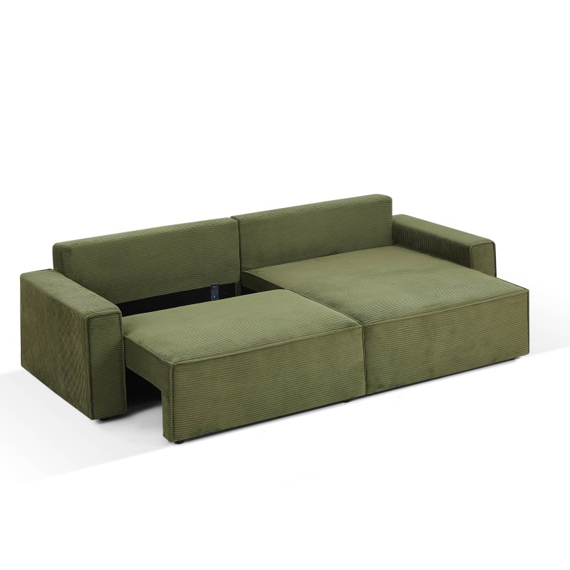 Canapé d'angle ZOLA convertible et réversible chaise large velours côtelé vert 4 places