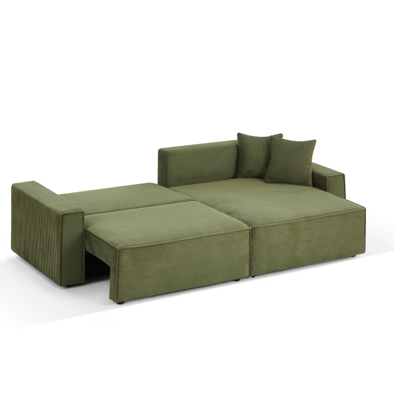 Canapé d'angle ZOLA convertible et réversible chaise large velours côtelé vert 4 places