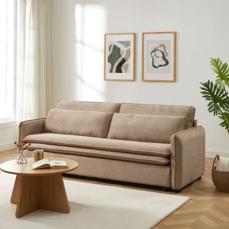 Canapé droit CIBOLA convertible velours côtelé taupe 3 places