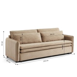 Canapé droit CIBOLA convertible velours côtelé taupe 3 places