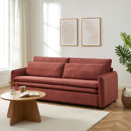 Canapé droit CIBOLA convertible velours côtelé terracotta 3 places