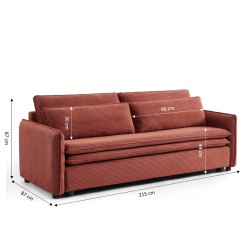Canapé droit CIBOLA convertible velours côtelé terracotta 3 places