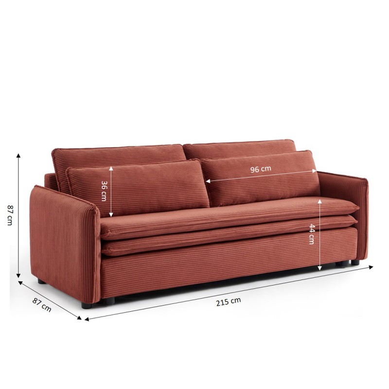 Canapé droit CIBOLA convertible velours côtelé terracotta 3 places