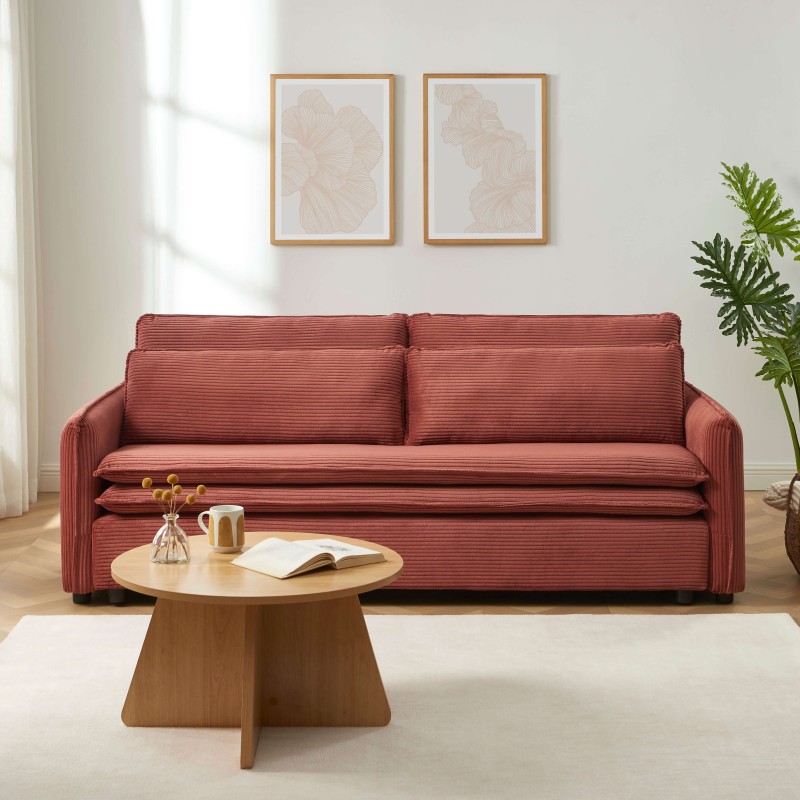 Canapé droit CIBOLA convertible velours côtelé terracotta 3 places