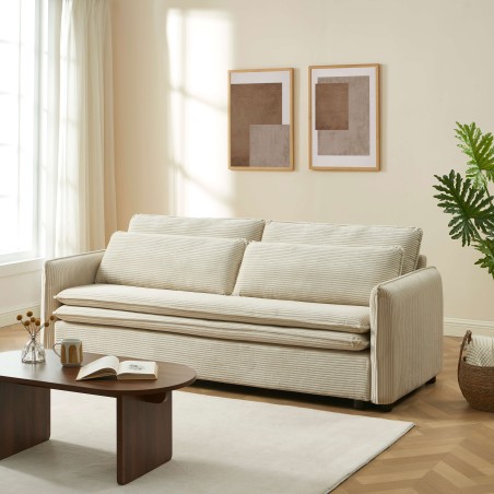 Canapé droit CIBOLA convertible velours côtelé beige 3 places