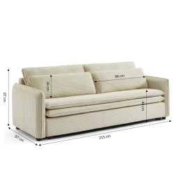 Canapé droit CIBOLA convertible velours côtelé beige 3 places