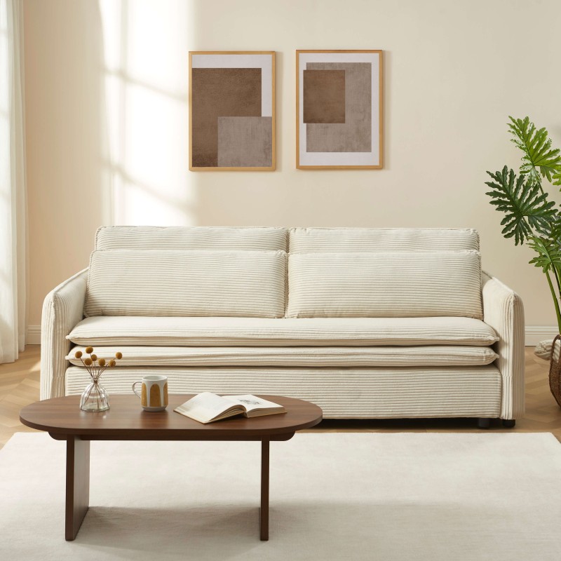 Canapé droit CIBOLA convertible velours côtelé beige 3 places