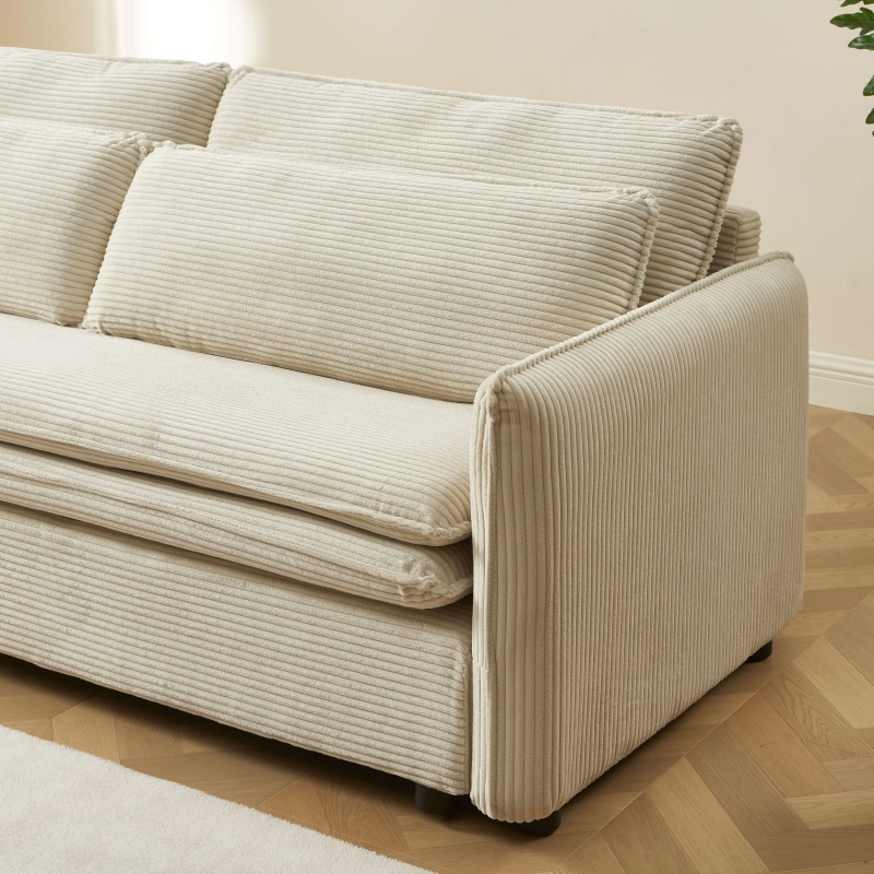 Canapé droit CIBOLA convertible velours côtelé beige 3 places