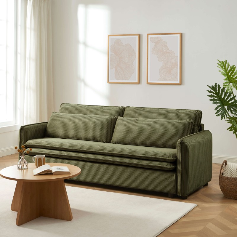 Canapé droit CIBOLA convertible velours côtelé vert 3 places