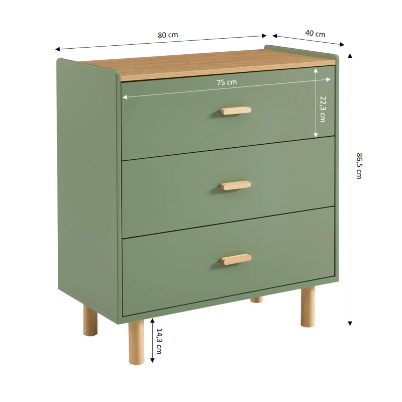 Commode enfant AURA couleur vert 3 tiroirs