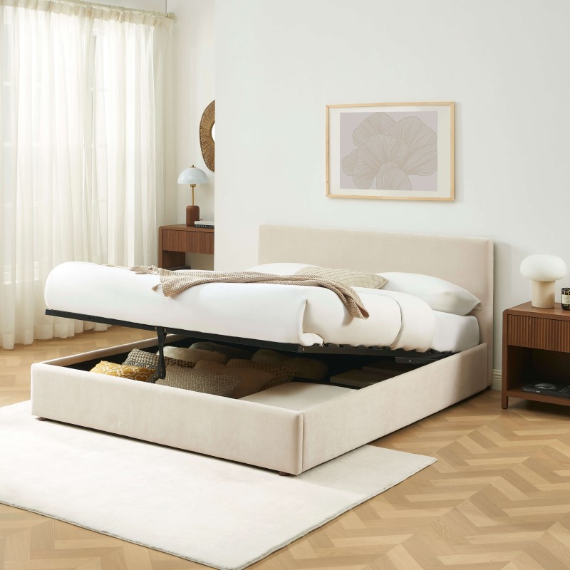 Lit coffre VANIA en tissu beige 160 x 200 cm sommier inclus