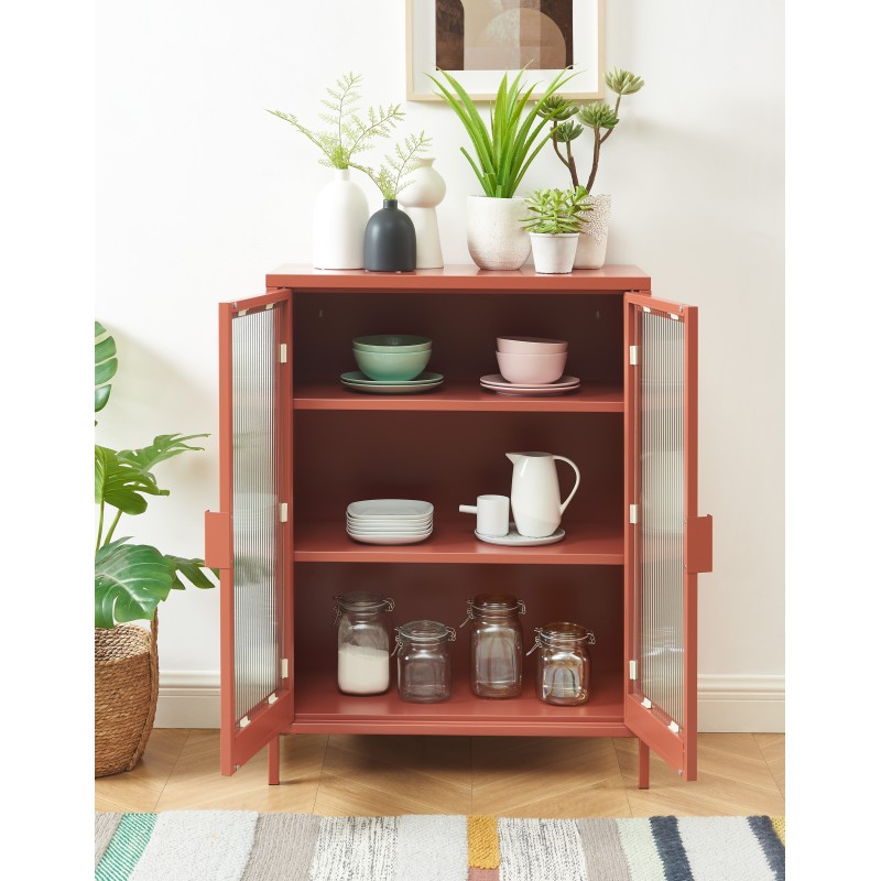 Buffet PANTONE terracotta portes en verre cannelé 75cm
