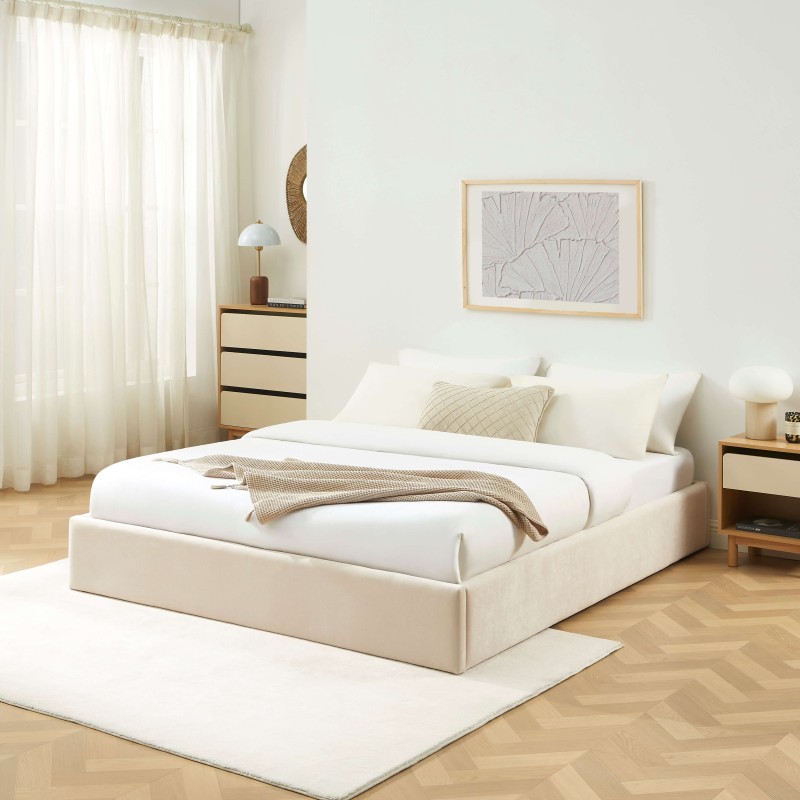 Lit coffre IVY 160x200 tissu beige sommier inclus