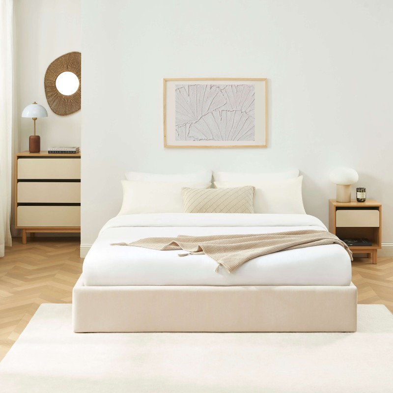 Lit coffre IVY 160x200 tissu beige sommier inclus
