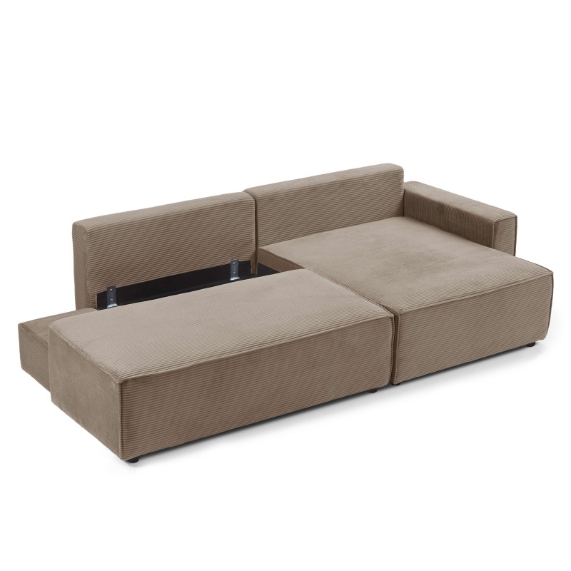Canapé d'angle ouvert droit ZOLA convertible velours côtelé taupe 4 places