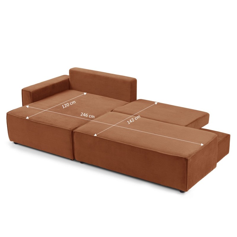 Canapé d'angle ouvert gauche ZOLA convertible velours côtelé terracotta 4 places