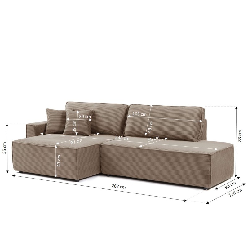 Canapé d'angle ouvert gauche ZOLA convertible velours côtelé taupe 4 places
