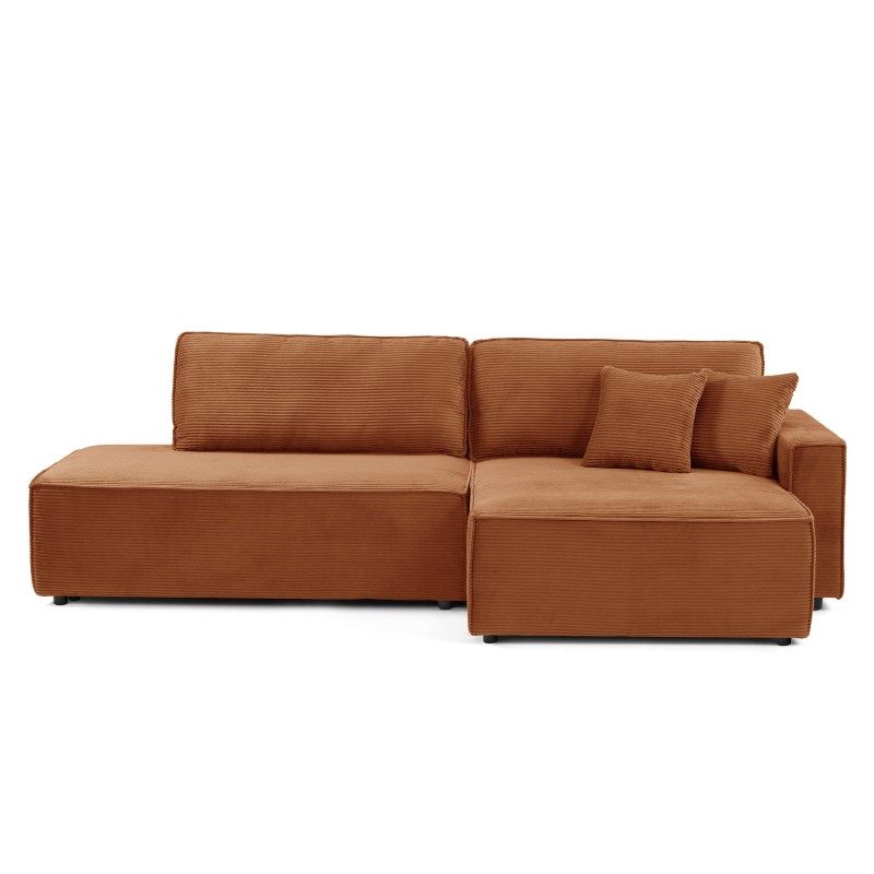 Canapé d'angle ouvert droit ZOLA convertible velours côtelé terracotta 4 places