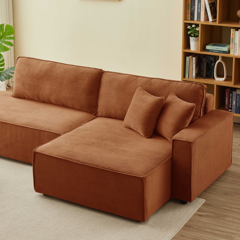 Canapé d'angle ouvert droit ZOLA convertible velours côtelé terracotta 4 places