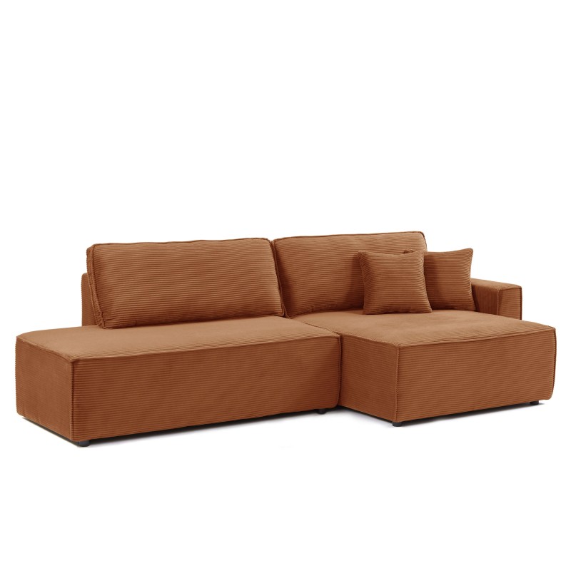 Canapé d'angle ouvert droit ZOLA convertible velours côtelé terracotta 4 places