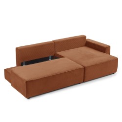 Canapé d'angle ouvert droit ZOLA convertible velours côtelé terracotta 4 places