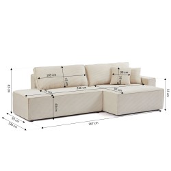 Canapé d'angle ouvert droit ZOLA convertible velours côtelé beige 4 places