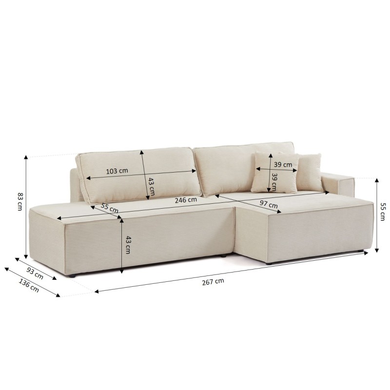 Canapé d'angle ouvert droit ZOLA convertible velours côtelé beige 4 places