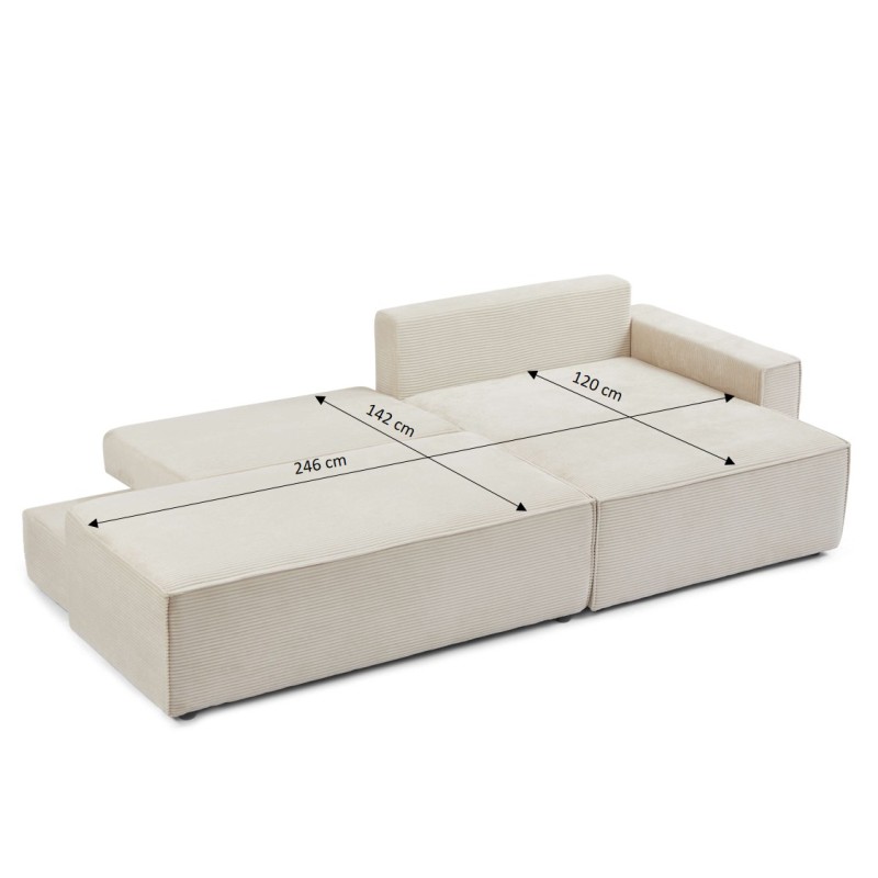 Canapé d'angle ouvert droit ZOLA convertible velours côtelé beige 4 places