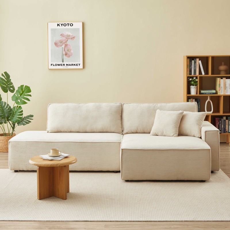 Canapé d'angle ouvert droit ZOLA convertible velours côtelé beige 4 places