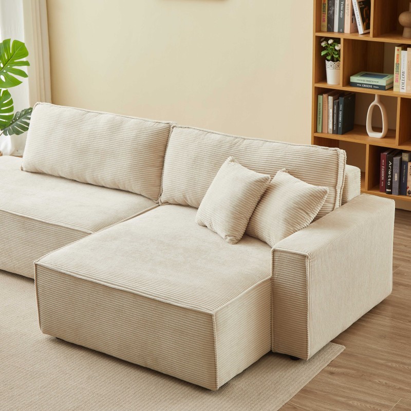 Canapé d'angle ouvert droit ZOLA convertible velours côtelé beige 4 places