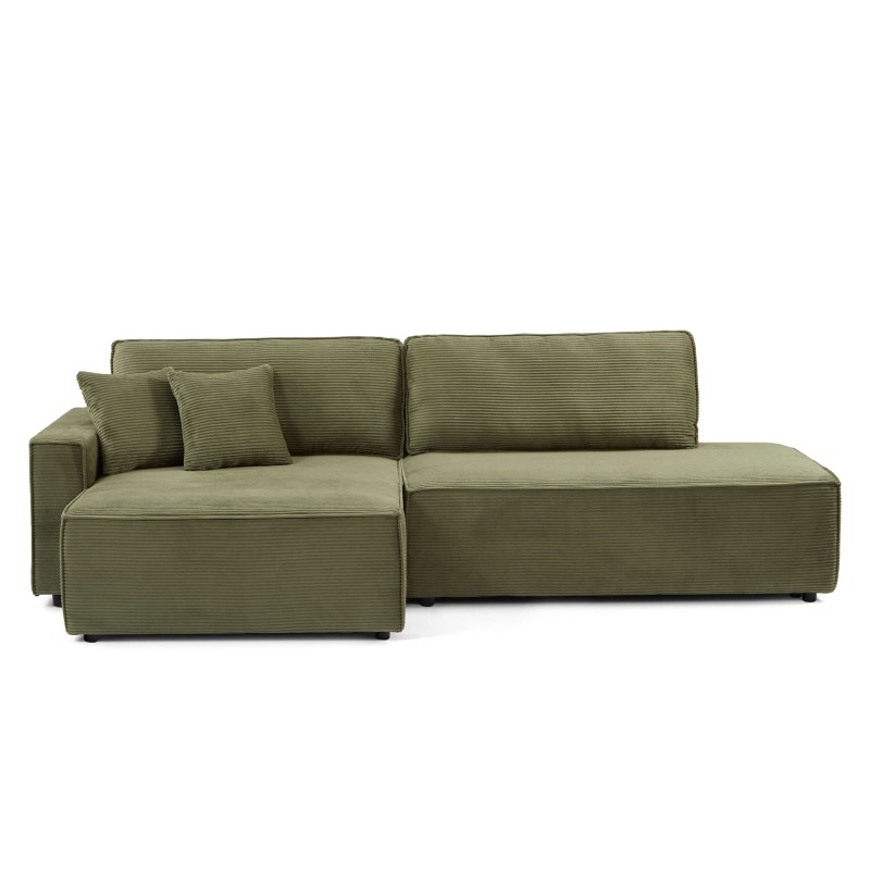 Canapé d'angle ouvert gauche ZOLA convertible velours côtelé vert 4 places