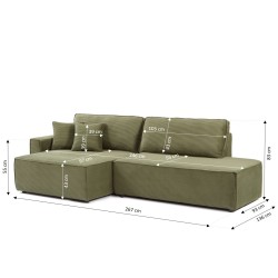 Canapé d'angle ouvert gauche ZOLA convertible velours côtelé vert 4 places