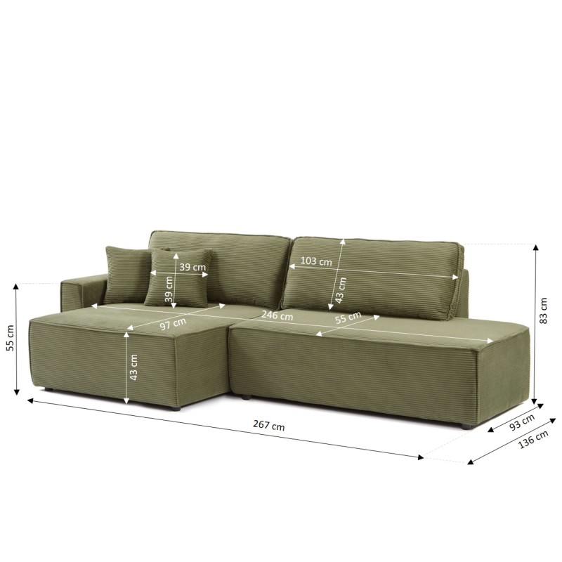 Canapé d'angle ouvert gauche ZOLA convertible velours côtelé vert 4 places