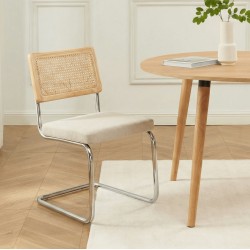 Lot de 2 chaises ELLA cannage et tissu écru pieds métal chromé