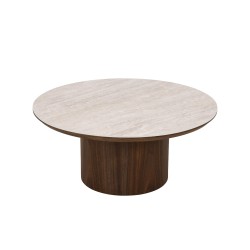 Table basse LOFA placage noyer et plateau céramique effet travertin 80cm